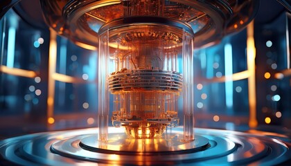 Quantum computing device with illuminated core, representing the pinnacle of futuristic technology and scientific innovation in a lab setting