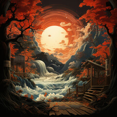 Fototapeta premium fantastic landscape inspired by oriental aesthetics. 