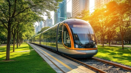 Obraz premium Futuristic street car train riding on the track through the park in downtown. City of future urban concept