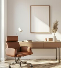 A minimalist home office with a wooden desk. a brown leather chair. and a blank framed poster on the wall