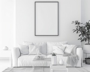 A minimalist living room interior with a white sofa. a black frame. a glass coffee table. and a potted plant