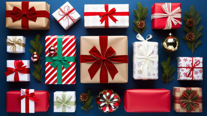 Festive top view Christmas scene with wrapped gifts, ornaments, and greenery arranged on a blue backdrop. Perfect for holiday themes and celebrations