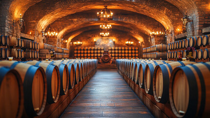 Large oak barrels aging wine in an old, traditional cellar, creating an atmospheric winery scene