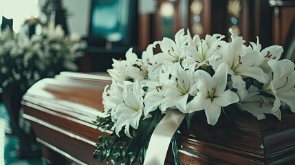 White lilies on a polished wooden casket in a dimly lit chapel.