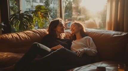 Obraz premium Mother and daughter sitting on couch, sharing a relaxed moment in a cozy living room, warm natural lighting, family bonding,