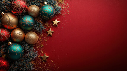 Luxurious Christmas design with teal and gold ornaments on a red background, perfect for real estate ads, holiday branding, corporate marketing, and festive social media campaigns