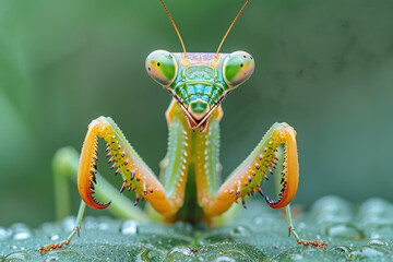 Mantis on a green background,. 