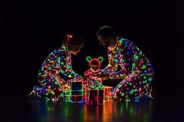 Glowing neon silhouette of family unwrapping gifts in matching holiday pajamas on Christmas morning isolated on black background.