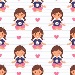 Seamless pattern with cute smiling girl with braids hairstyle meditating sitting in asana on white striped background with pink heart. Vector illustration. Kids collection