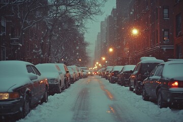 Cars parked on a snowy street in a city at night, winter , cold weather