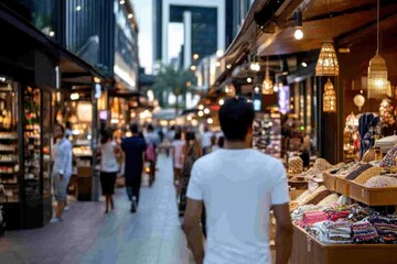 A lively marketplace is filled with shoppers and colorful products, showcasing the vibrancy of urban life and the diverse offerings of local artisans in an energetic atmosphere.
