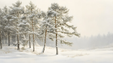 Obraz premium Tranquil White Pines Under a Gentle Blanket of Winter Snow Against a Whitened Sky