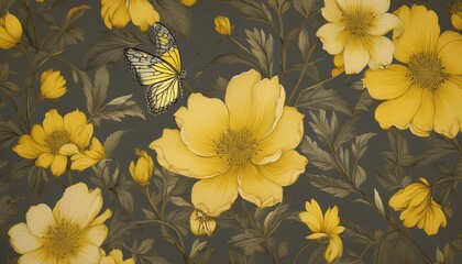 Wallpaper pattern botanical photo with yellow flowers and a butterfly