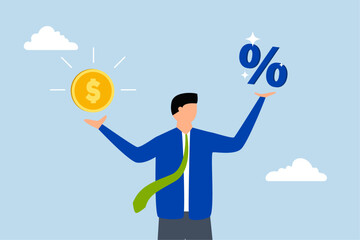Lending, Businessman gripping a dollar coin and percentage symbol. 