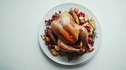 Roasted turkey on plate with side dishes holiday meal traditional look on simple background minimal stock photo