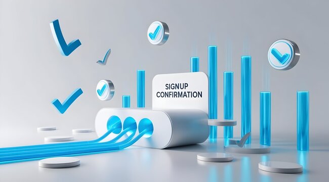 A visual representation of signup confirmation, featuring blue checkmarks and lines, symbolizing successful registration and data flow.