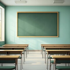 Minimalist Classroom with Empty Desks and Chalkboard