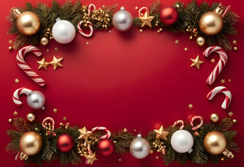 Festive Candy Cane and Ornament Design with Golden Stars on Solid Red Background