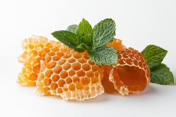 Golden Honeycomb with Fresh Mint Leaves on White Background