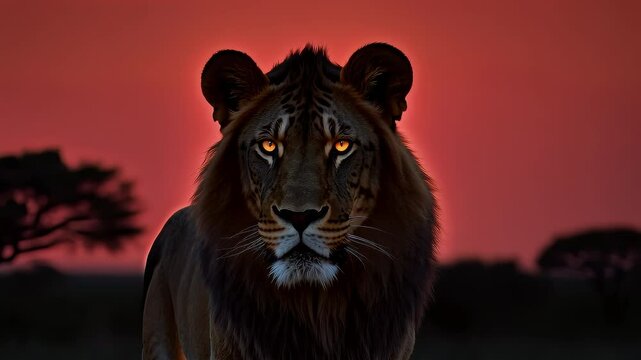 Majestic lion stands against a striking full red moon backdrop. Its piercing gaze captivates viewers, showcasing the beauty and strength of this powerful predator in the wild