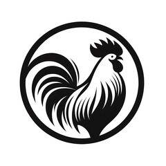 Detailed black rooster vector illustration in a circular frame, showcasing elegant feathers and bold lines. Perfect for branding, logos, or decorative use