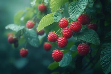 On a bush of juicy green, there are a lot of ripe raspberries that are beautiful and ripe