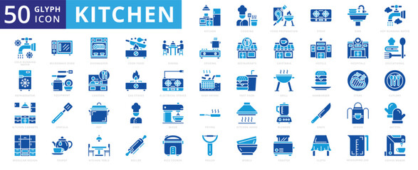 Kitchen icon set  of equipment, refrigerator, table, cooking, chef, steak, grill, hamburger, cutlery, fast food, knife, teapot, stove, mixer, blender, sink, spatula, educational, frying, pot, apron