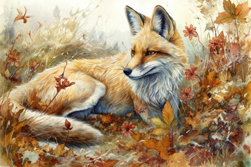 Obraz premium fox among the grass., watercolor style 