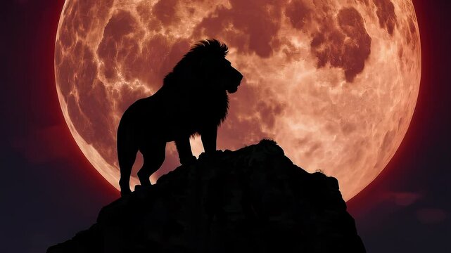 Black silhouette of a majestic lion standing on a rock, with a full red moon as a backdrop, creating a powerful and evocative scene