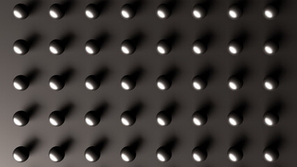 Dark geometric background of spheres on plane illuminated. 3d illustration
