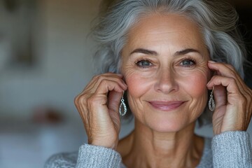 An elegant woman with gray hair smiles warmly while adjusting her earrings, conveying confidence and beauty, showcasing timeless grace and charm in her expression.