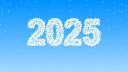 White 3d numbers 2025 on blue background of broken lines and particles, snowflakes. 3d illustration