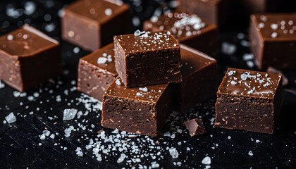 A closeup of a stack of delicious brown chocolate fudge sitting on a wooden table, making for a tempting display at a food event