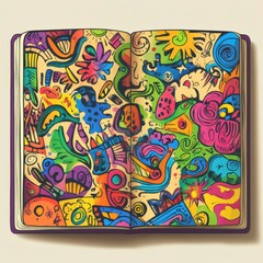 Naklejka premium Colorful Doodle Notebook with Vibrant Illustrations