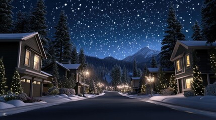 Snow falls gently over a quiet town, transforming the landscape into a winter wonderland under a soft, light blue sky