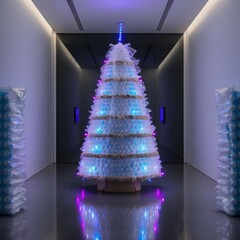 A futuristic Christmas tree crafted from bubble wrap and clear plastic packaging, glowing with neon blue and purple LED lights,300 DPI High Resolution