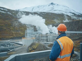 Obraz premium Worker observing geothermal plant, snowy mountains.
