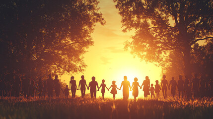  "Unity in Nature: A Large Family Walking Together at Sunset"