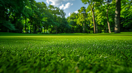 Green grass and woods on a golf field.