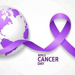 World Cancer Day awareness design with a purple ribbon and globe illustration

