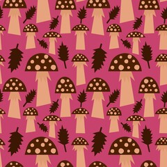 Cartoon autumn harvest seamless Halloween mushrooms pattern for kids and party