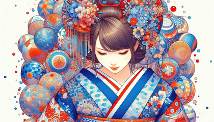 日本画（Japanese painting）／美人画　美女　着物　anime　イラスト	