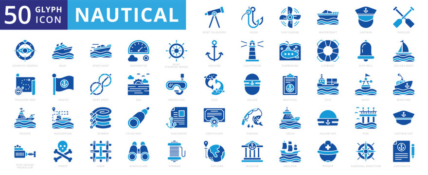 Nautical icon set with sea, navigation, ship, submarine, galleon, museum, maritime, sailor, rescue, fishing, anchor, certificate, yacht, fiber, rubber, lighthouse, telescope, snorkeling, and lifebuoy
