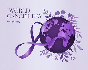 World Cancer Day awareness design with a purple ribbon and globe illustration

