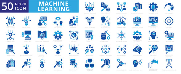 Machine Learning icon set with agriculture, medicine, artificial intelligence, application, economics, telecommunications, optimization, computers, computer network, discovery, and neural network