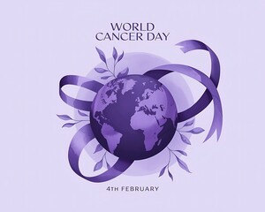 World Cancer Day awareness design with a purple ribbon and globe illustration

