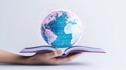 Language learning service, globe, books, interactive digital tools, engaging environment