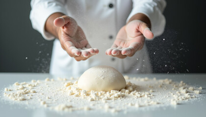 A baker's hands dusting flour over a ball of dough preparing for baking.