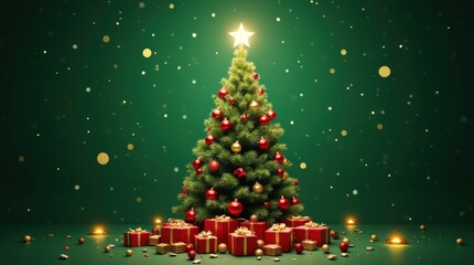 Obraz premium Festive Christmas Tree With Red And Gold Ornaments On Green Background