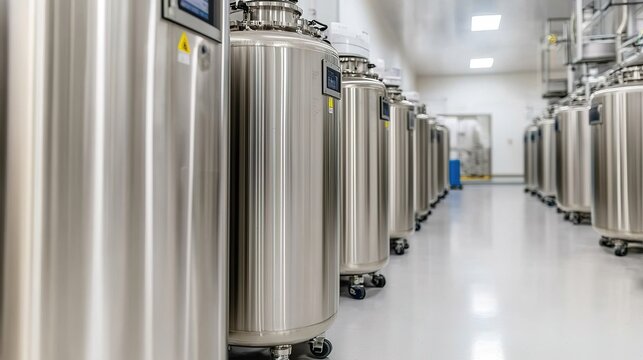 The image showcases a row of stainless steel cryogenic storage tanks in a clean, modern facility, highlighting technology used for preserving biological samples.